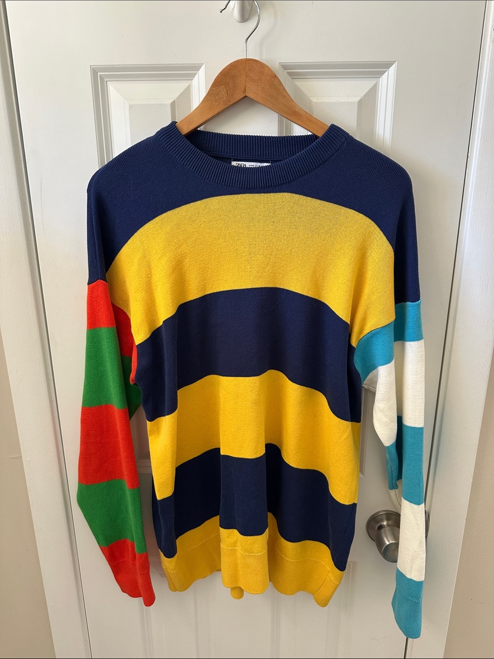 Men's Colorblock Crewneck Sweater in Navy, Yellow, Green, Red, Teal, and White